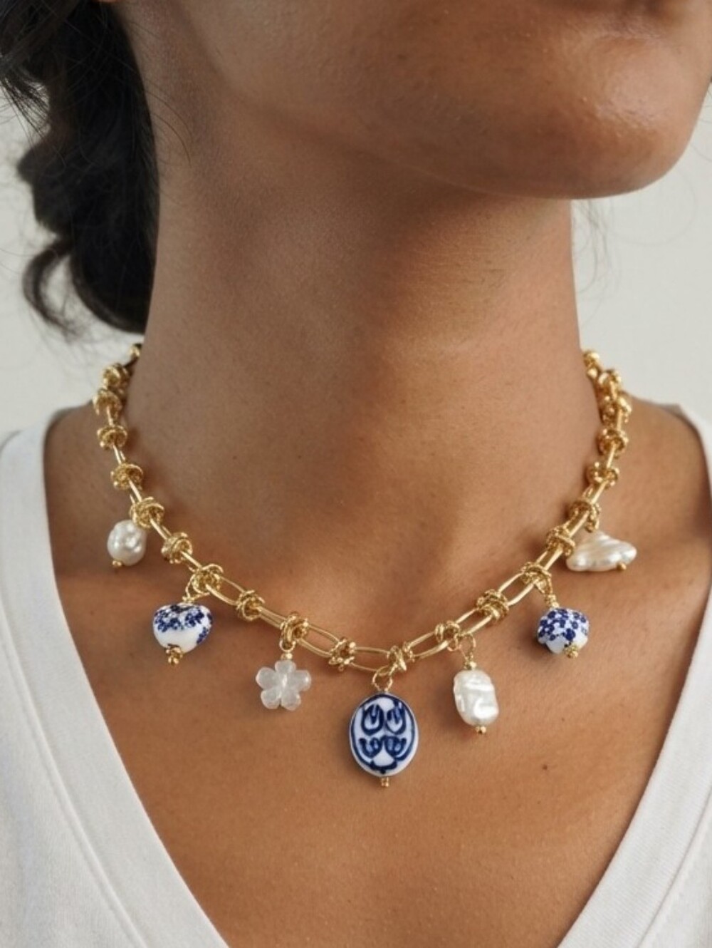Gold Blue White Porcelain Floral Charm Necklace Pearl Accents